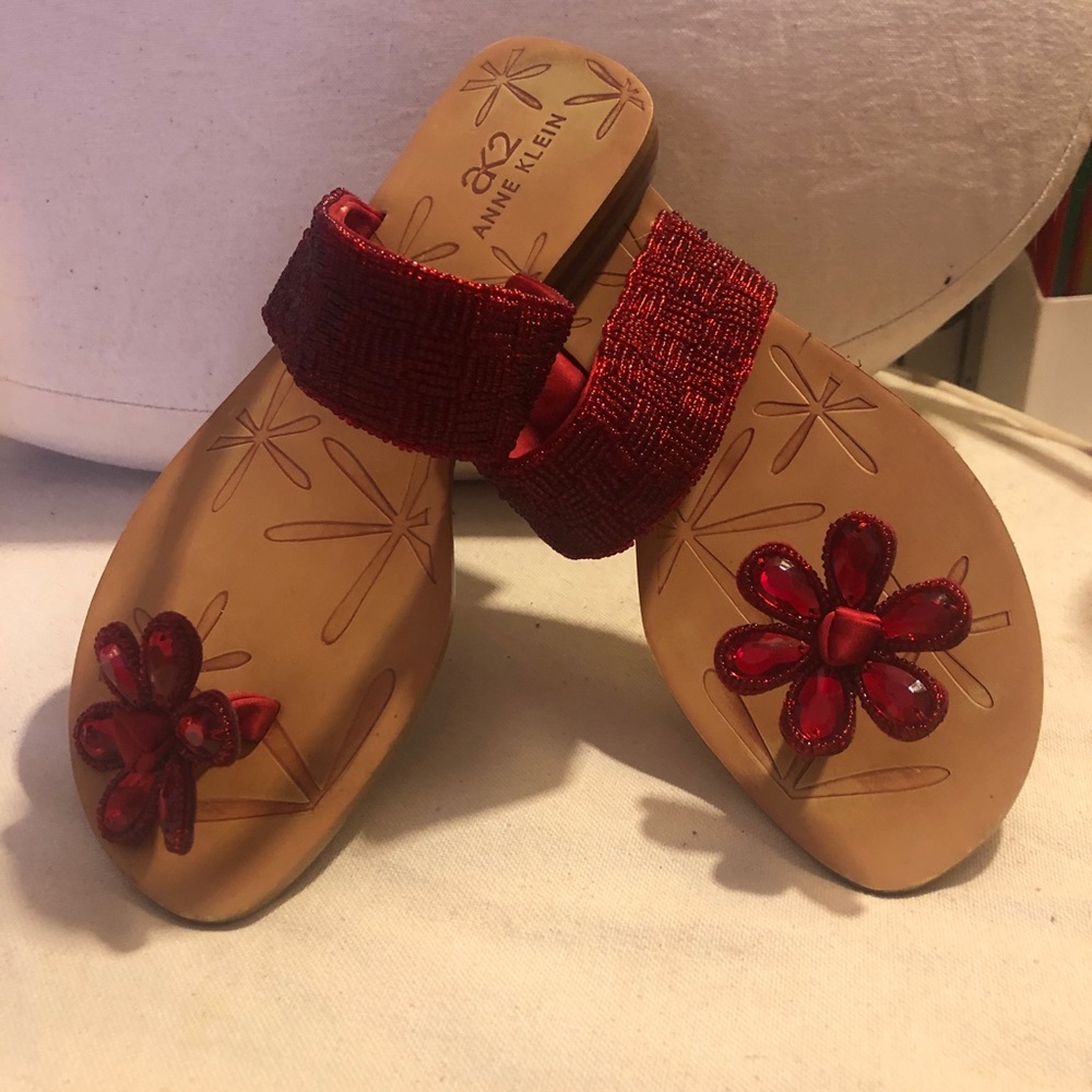 - Anne Klein dress sandals with red flower, size 7.5 , with red bead band